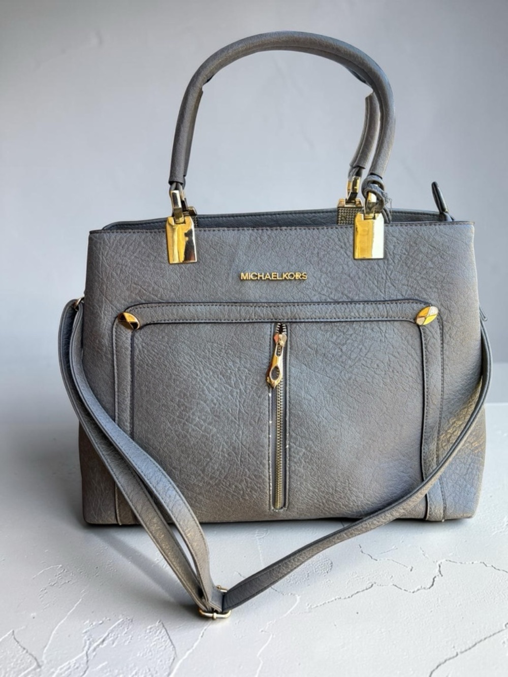 Michael Kors Light Gray Pebbled Leather Satchel with Gold Hardware - Picture 4 of 16